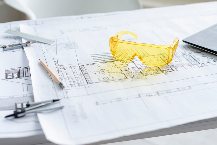 closeup-yellow-safety-glasses-architectural-project_23-2148242960